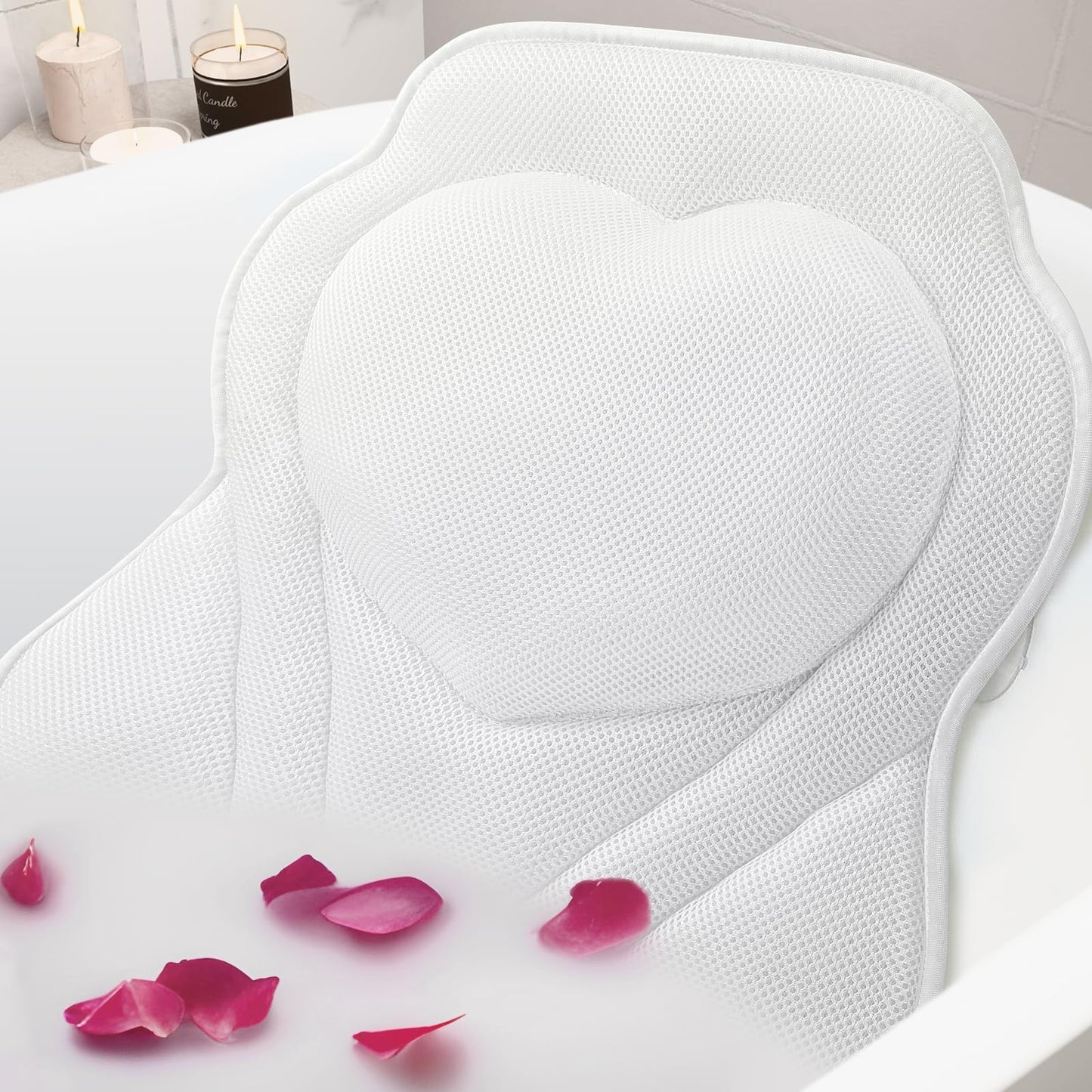 LuxStep Bath Pillow-Bathtub Pillow with Air Mesh Fabric & 6 Non-Slip Suction Cups, Bath Pillows for Tub Head, Neck and Back Support, Bath Accessories Spa Gifts, White