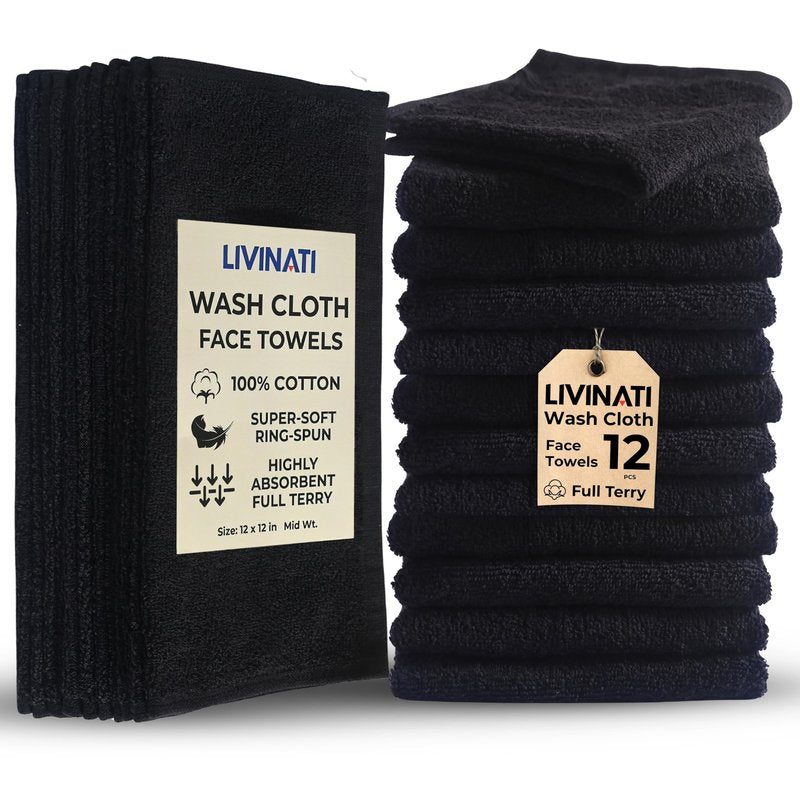 LIVINATI Black 100% Cotton Wash Cloths for Showering Body and Face - 12"X12" 12 Pack Washcloths - Small Terry Towel Bath Rags for Adults and Kids Bathroom - Soft Absorbent