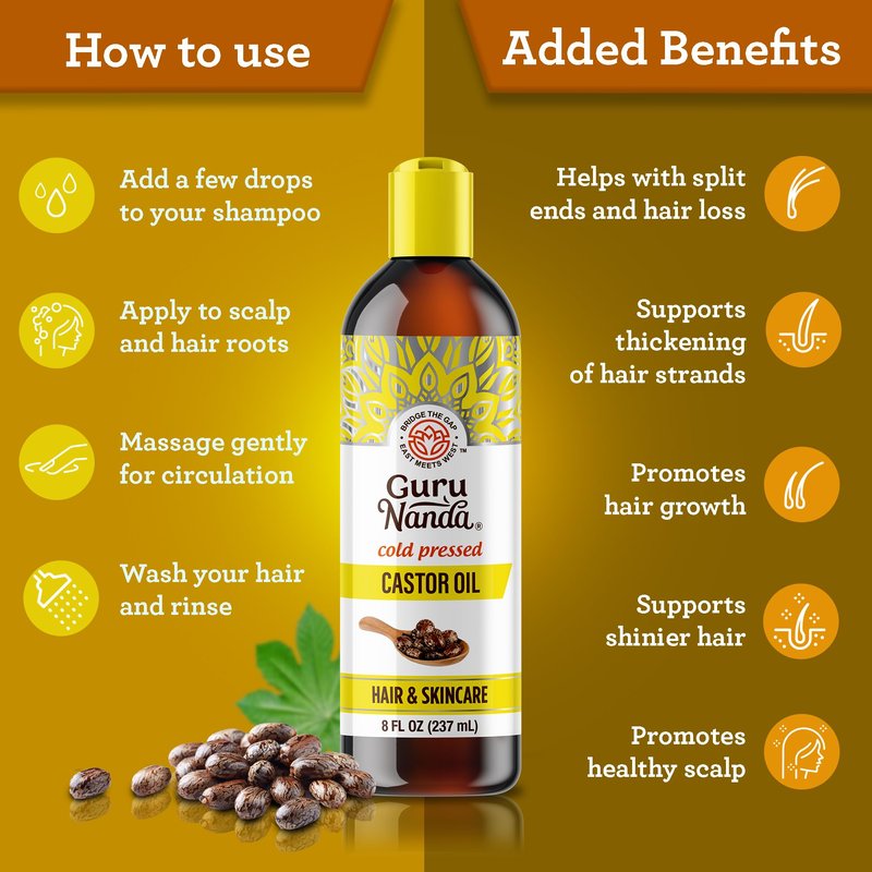 GuruNanda Castor Oil (8 Fl oz) - 100% Pure, Cold Pressed & Hexane-Free Oil - Natural Carrier Oil to Support Growth for Nails, Hair, Eyebrows & Eyelashes - Promotes Skin Hydration & Moisturization
