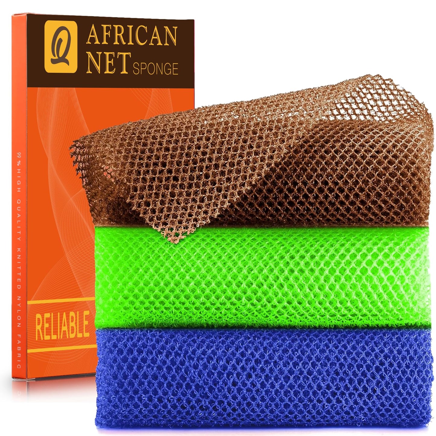 UJFQBH 3 Pieces African Bath Sponge African Net Long Net Bath Sponge Exfoliating Shower Body Scrubber Back Scrubber Skin Smoother,Great for Daily Use (Brown、Blue、Green)