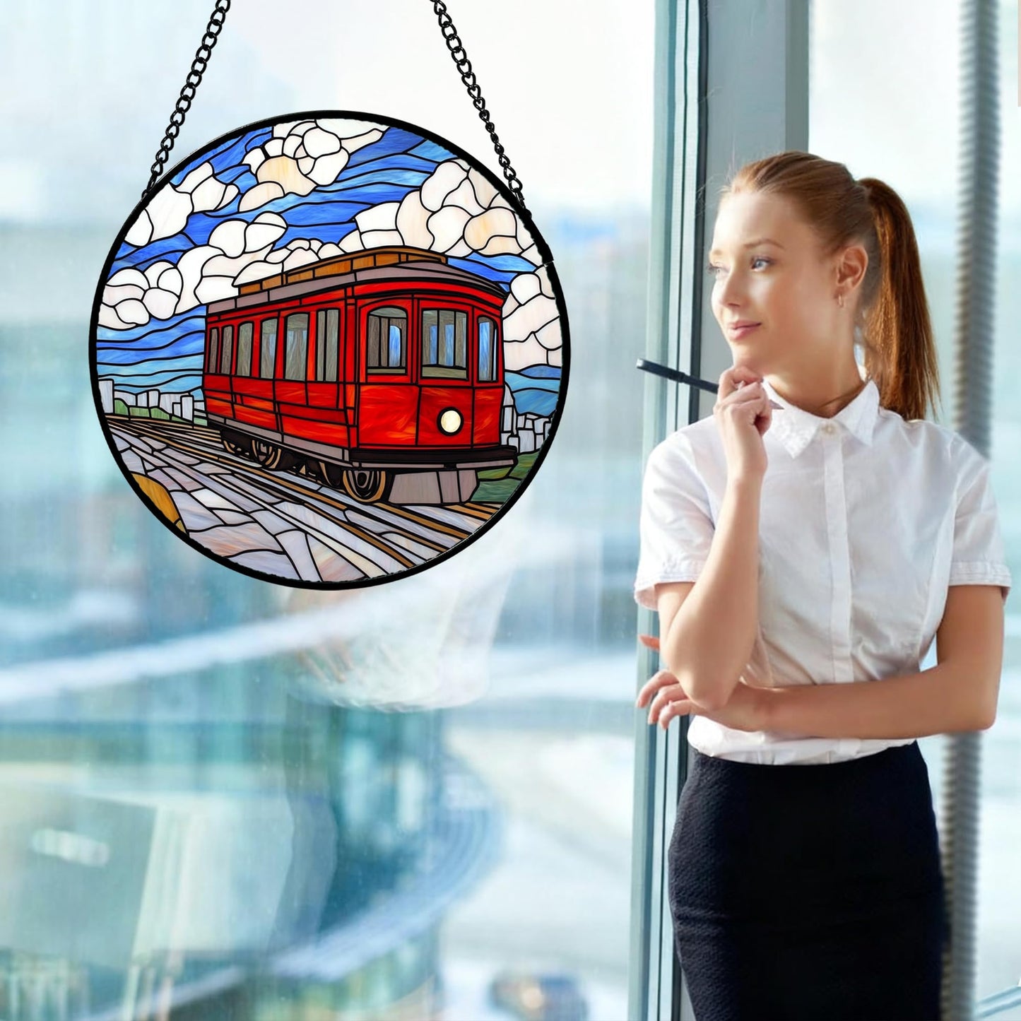 QZQCBLC Stained Glass Window Hanging Red Trams Under Blue Sky White Clouds 6.3" - Suncatcher Door Garden Sun Catcher Home Decor Birthday Christmas for Men Mom Woman Wife Nana