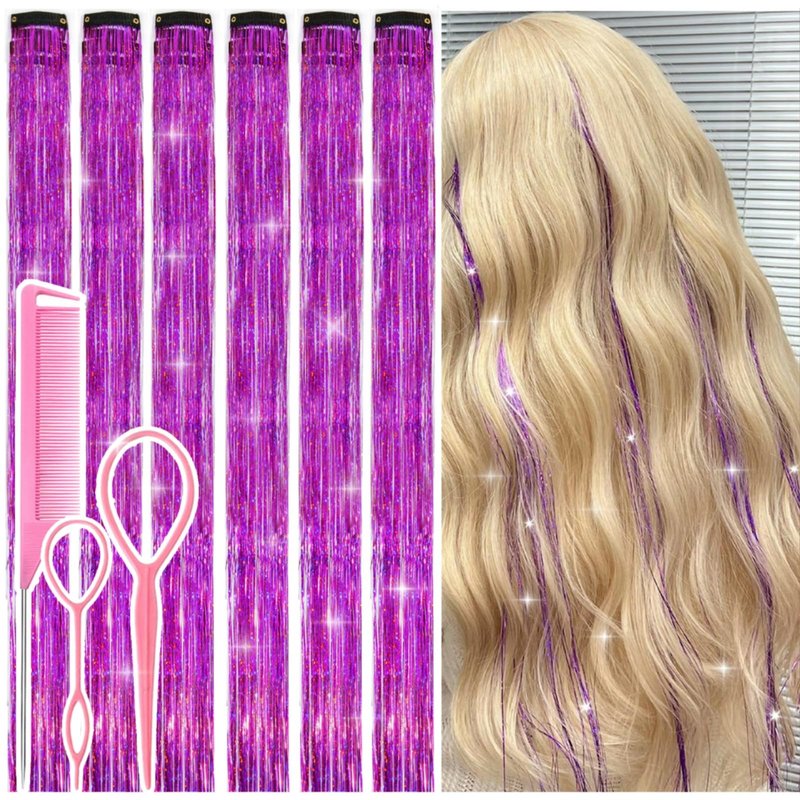 Hair Tinsel Clip in Purple Fairy Hair Tinsel Kit, 12 Pcs 24 Inch Glitter Clip in Hair Extensions for Girls Women Kids Christmas New Year Festival Party (Purple)