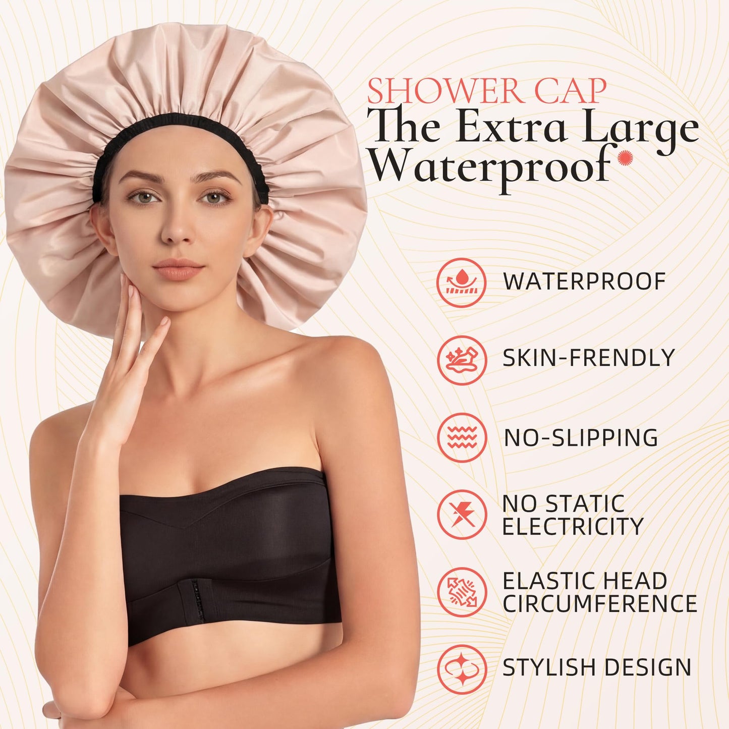 Extra Large Shower Cap for Women, Reusable Waterproof Shower Bonnet with Satin Lining, Double Layer Washable Bath Hair Cap for Braids, Locs, Long Thick Curly Hair, Natural Hair(Big Beige)