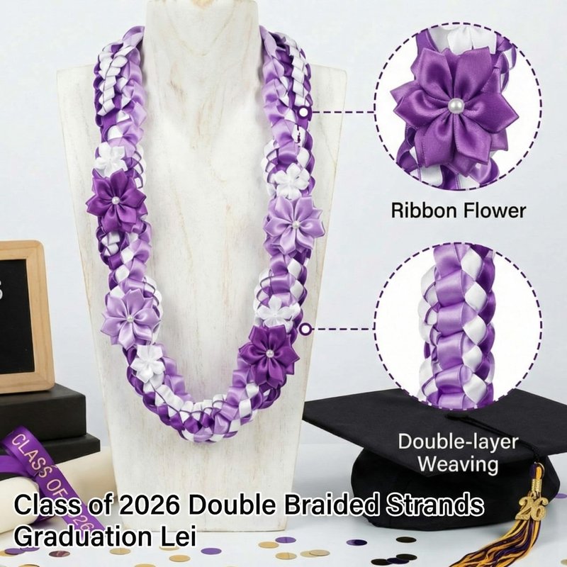 Lyrow 50" Graduation Lei 2026 Double Braided Graduation Ribbon Money Lei with 4 Satin Flower Handmade Grad Necklace Class of 2026 Grad Gift Accessories for Men Women(Purple)