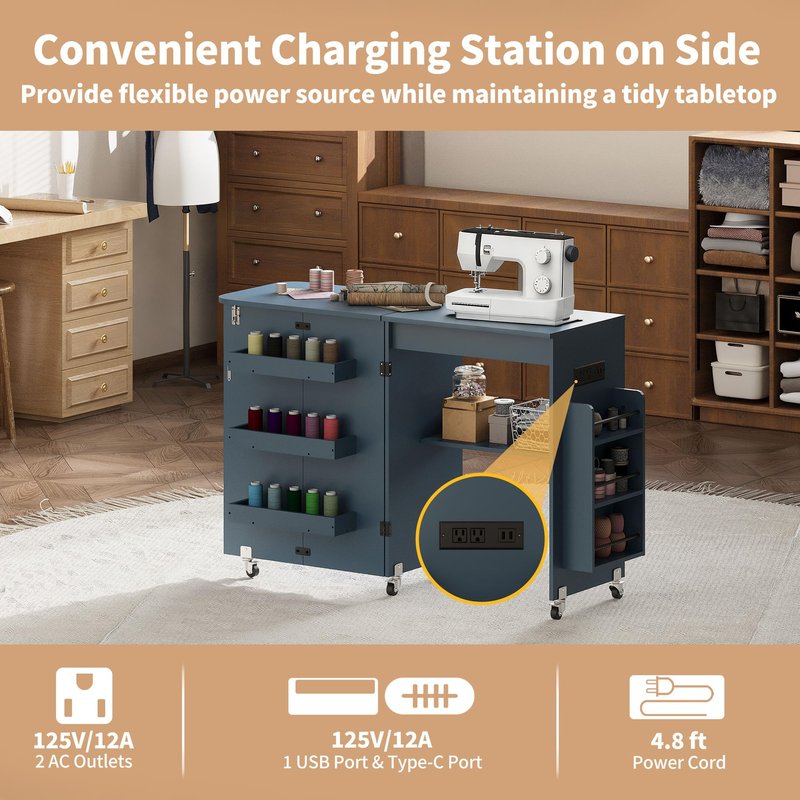 Folding Sewing Table with Power Outlet, Rolling Sewing Desk with Side Storage Rack, Compact Portable Sewing Cabinet for Sewing Machine, Craft Table Organizer for Home (Blue)
