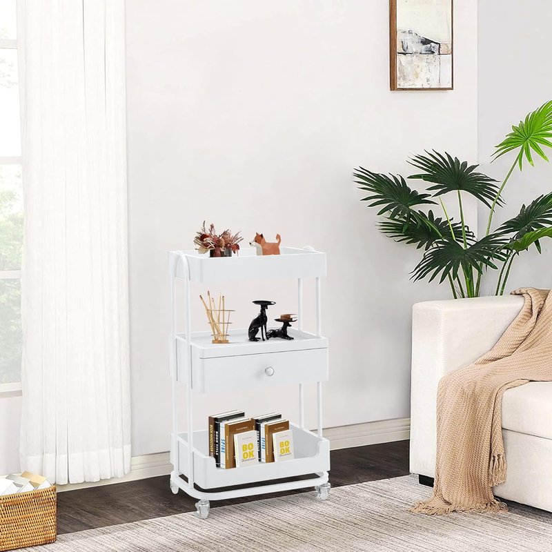 Salon Trolley Cart with Lockable Wheels - Engineered Wood Storage for Barber Shop & Spa | White