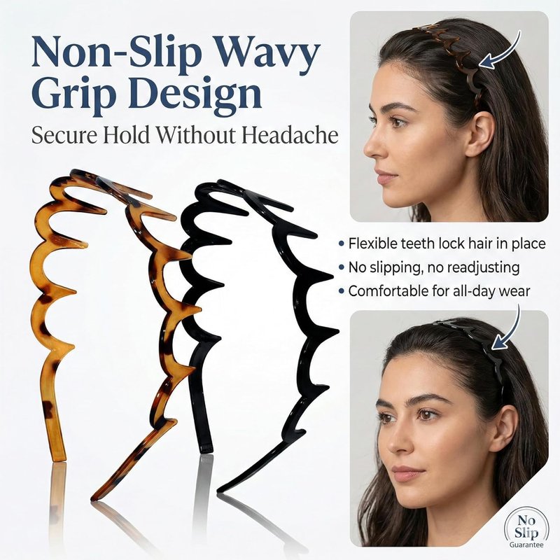 2026 Trend Zig Zag Headbands for Women – 2PCS U-Shaped Comb Hairbands, Strong Grip Non-Slip Slick Back Style, Black & Tortoise Recycled Plastic for Gym & Daily Look (2, black&leopard color)