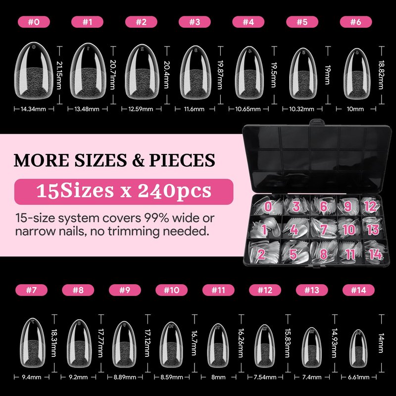 Qiek Short Almond Pre-Building Nail Tips, 15 Sizes 240 PCS Pre-shaped Apex Clear Soft Press On Fake Nail Half Matte Gel Nail Extensions Strong Thick Acrylic Tip for DIY Beginners & Salon Manicure