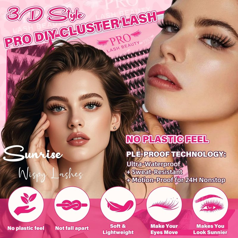 Lash Clusters Kit - 3D Volume Eyelash Extensions with Bond & Seal | 144 Pcs, Sunrise 8-18 Mix