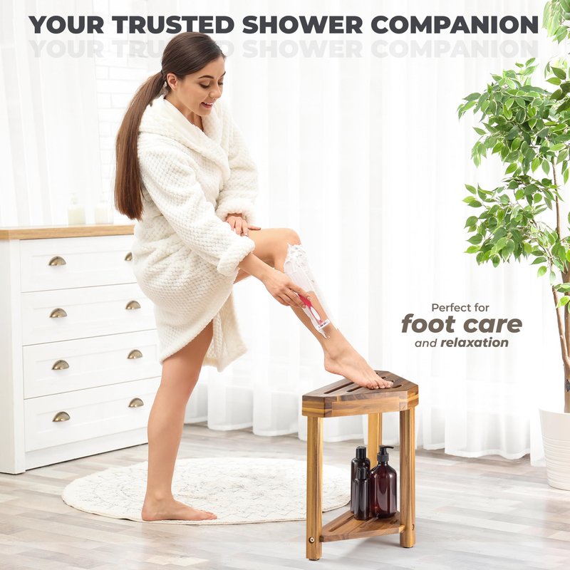 BLUEWEST 16.4" Corner Shower Stool with Storage Shelf, Acacia Wood Shower Foot Rest for Shaving Legs, Small Water-Resistant Bathroom Bench for Inside Shower, Wooden Bath Seat for Small Shower Spaces