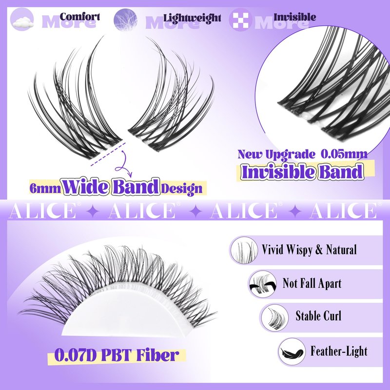 ALICE Natural Lash Clusters Lash Extensions Invisible Band Waterproof 8-16mm Cluster Eyelash Extensions Wispy Eyelash Clusters Individual Lashes Cluster Lashes