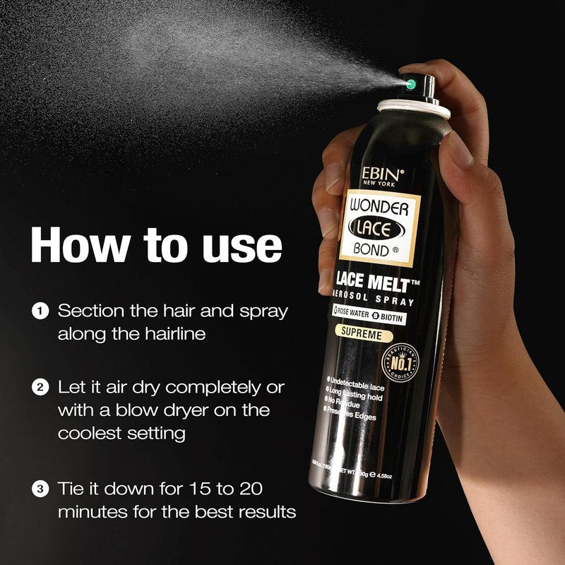 EBIN NEW YORK Wonder Lace Bond Lace Melt Aerosol Spray Rose Water + Biotin | Extra Firm Hold Wig Adhesive Spray | Soothing Hydrating Finish | 6.08 Fl Oz