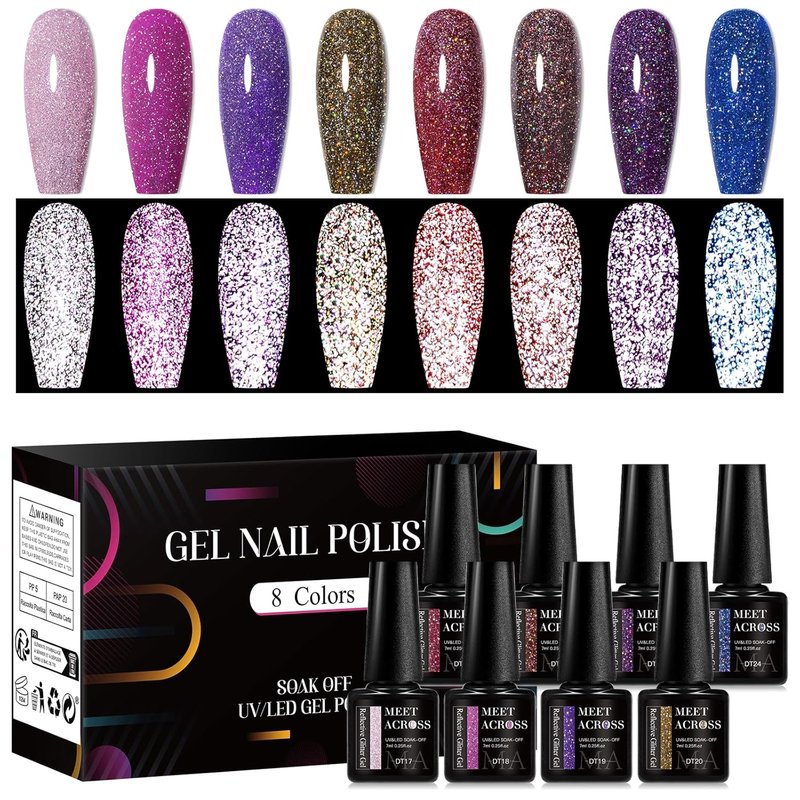 Reflective Glitter Gel Nail Polish Set - 8 Colors for DIY Manicure | UV/LED Soak Off, Pink, Purple, Blue