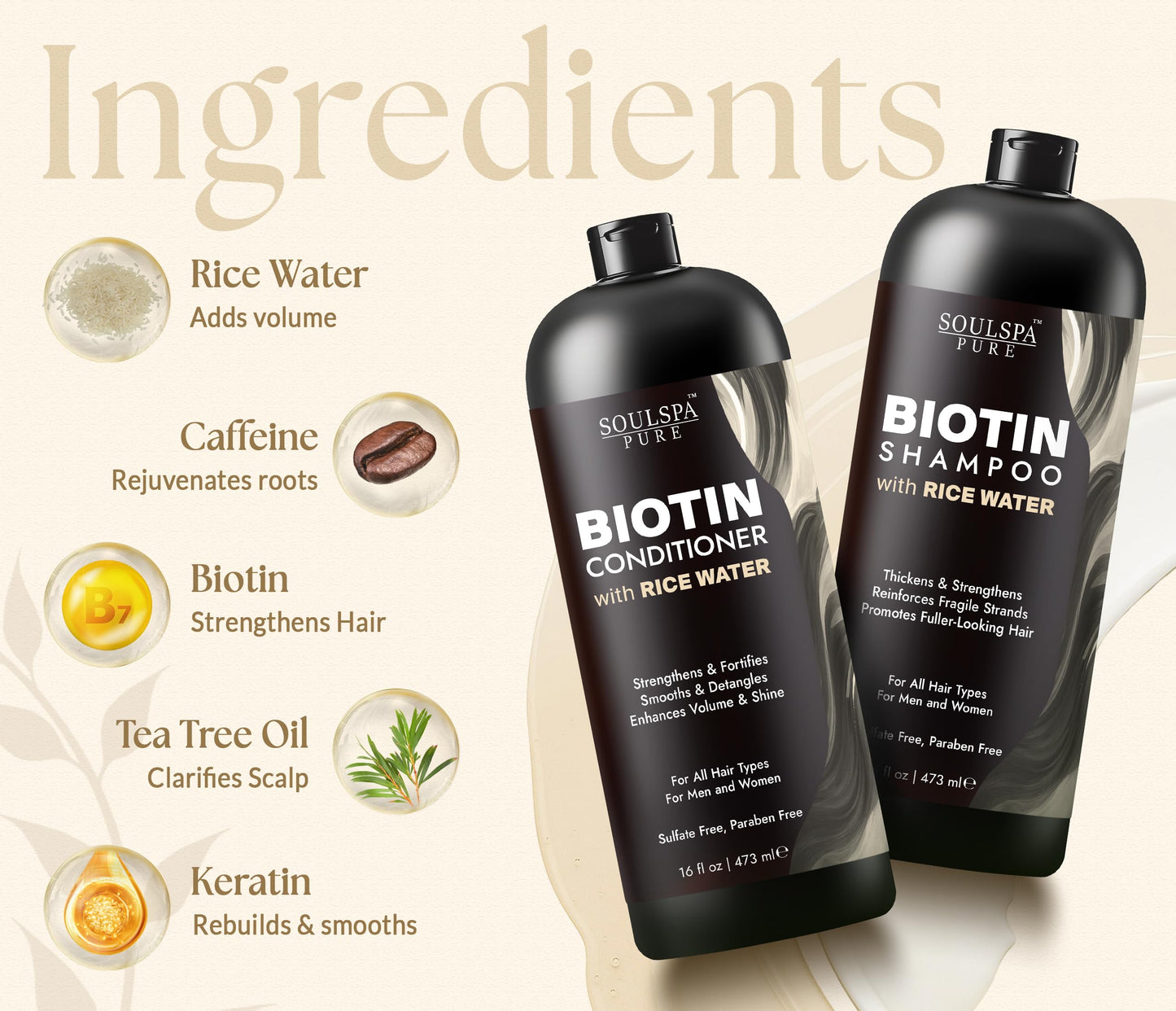 SOULSPA PURE Biotin Rice Water Shampoo and Conditioner Set - Thickening Formula with Rice Protein & Keratin - Strengthening Hair Care for Thinning Hair - Made in USA - 16 fl oz Each