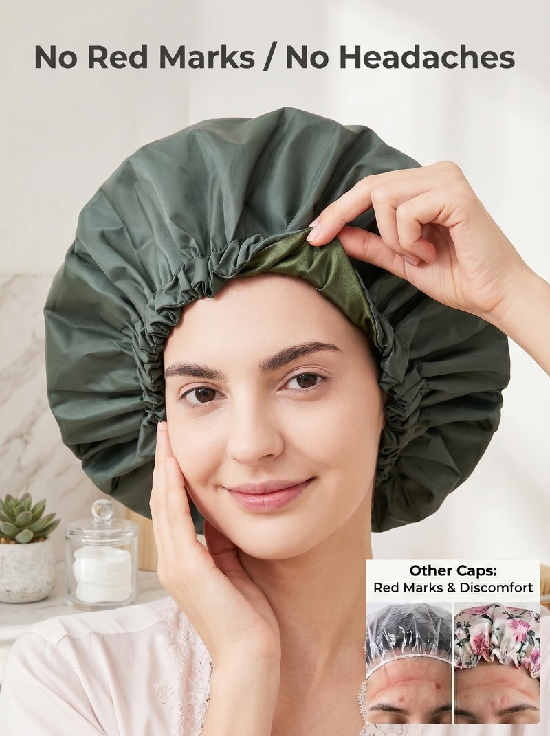 Aquior Shower Cap for Women, Extra Adjustable Shower Caps for Women Double-Layer Waterproof Reusable Hair Cap, Large Size Hair Cap for All Hair,for Girls Spa Bath,Soft and Comfortable (Green)