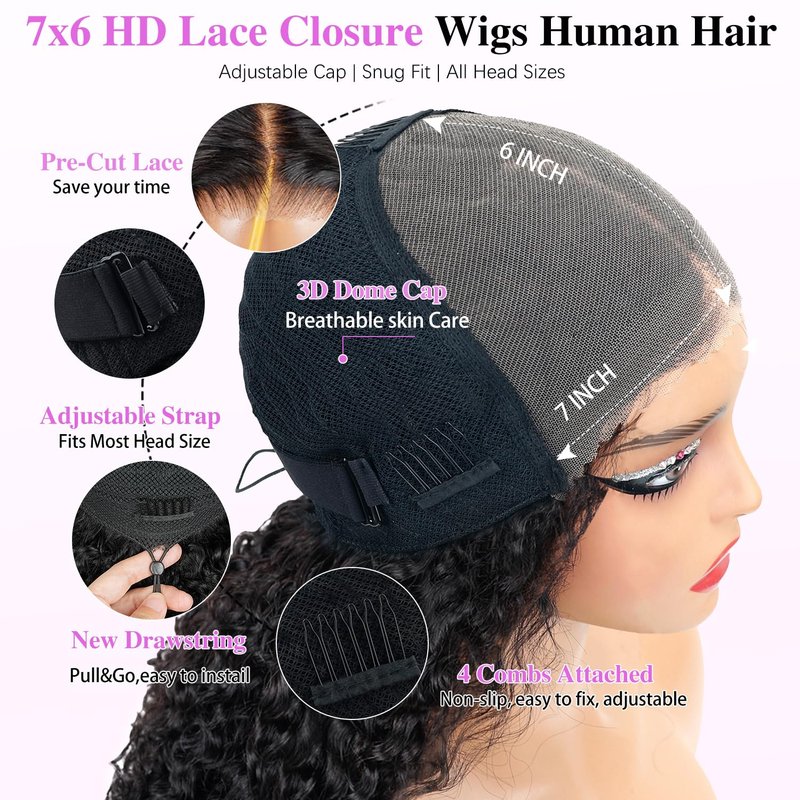 Liqusee 7x6 Burmese Curly Glueless Wigs Human Hair Pre Plucked Pre Cut 250% Density Drawstring Wig for Black Women 7x6 HD Lace Front Wigs Human Hair Glueless Wear and Go Natural Color 24 Inch
