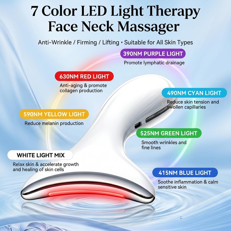 7-Color LED Red Light Therapy Face & Neck Massager - Anti-Aging Facial Sculptor with Heat, Vibration, Lifting, Firming, Timer for Visible Skin Tightening, Rechargeable At-Home Beauty Device