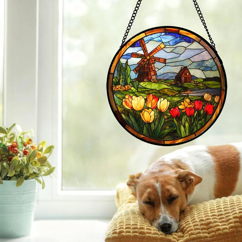 QZQCBLC Stained Glass Window Hanging Tulip Windmill Farm Landscape 6.3" - Flower Suncatcher Door Garden Sun Catcher Decor Birthday Christmas for Mom Woman Nana Friend Wife