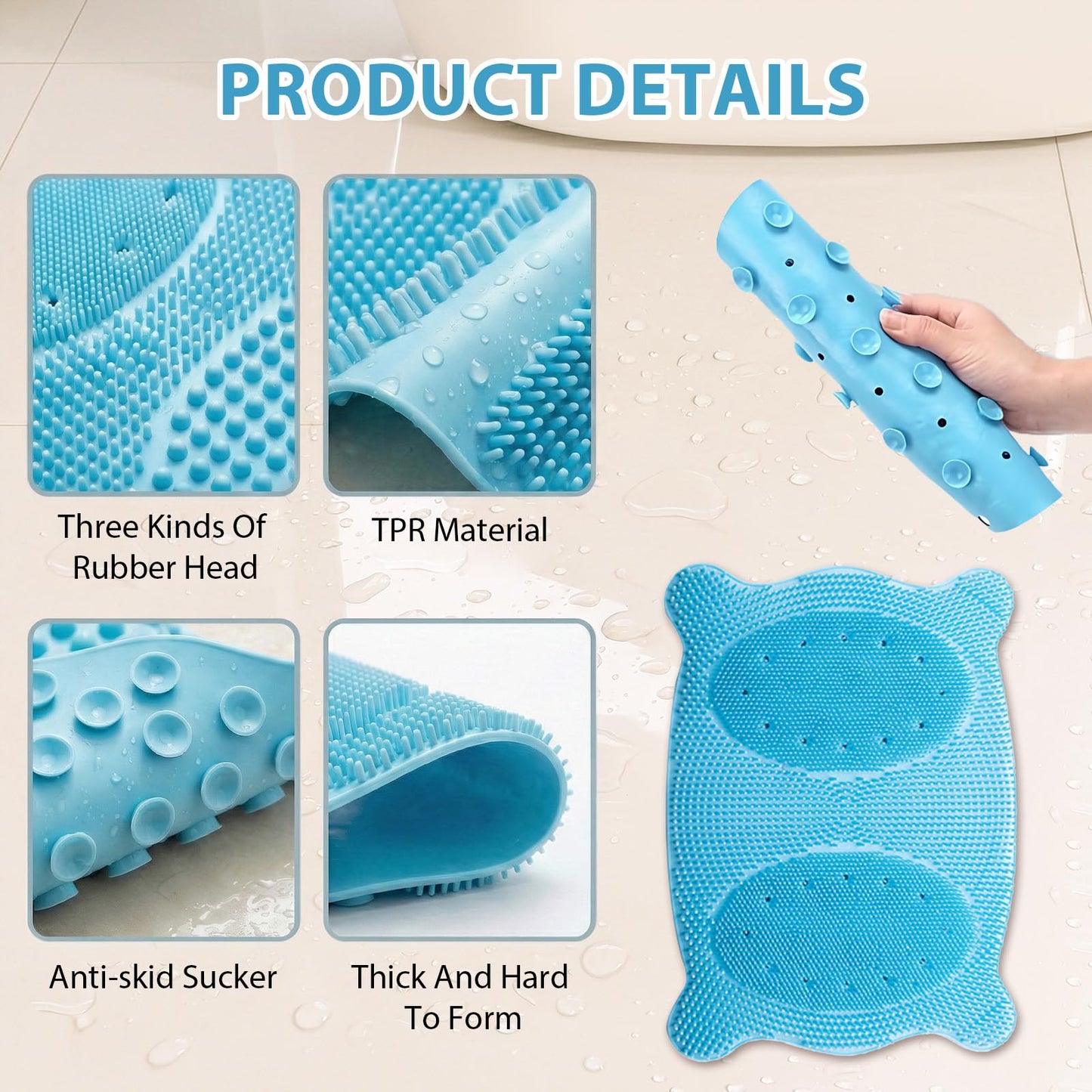 Quuztao Large Shower Foot Scrubber Mat, Non Slip Suction Cups Silicone Massage Bath Mat, Deep Cleaning & Exfoliation Feet Washer Brush Pad