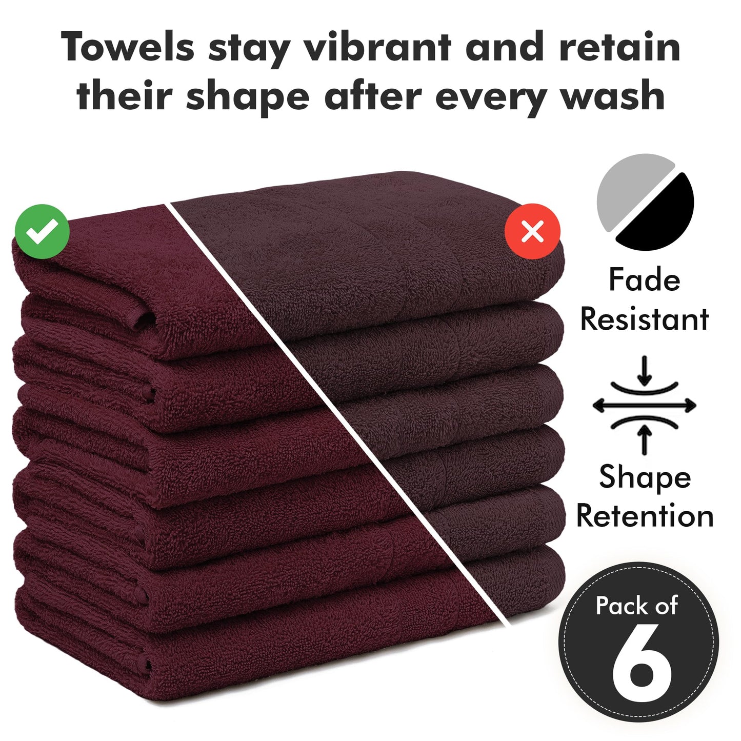 Novo Home 100% Ring Spun Cotton Hand Towels for Bathroom – 550 GSM Soft & Absorbent Towel Set– Pack of 6 Small Towel (34x20in) – Quick Dry Luxury Cotton Hand Towels – Burgundy