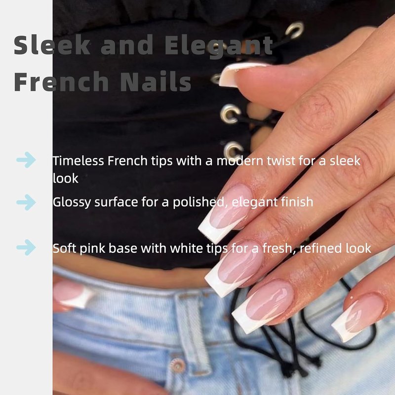 Medium Square Press-On Nails - Classic White V-Tip French Manicure | Glue-Free Acrylic with Adhesive Tabs (24 Pcs)