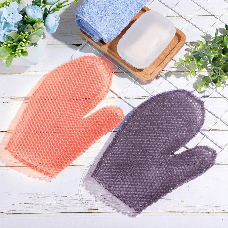 Karenhi 2 Pcs Honeycomb Exfoliating Glove Bath Mitt Body Spa Scrubber, Honeycomb Exfoliator Glove for Body Shower, Scrubber Sponge Shower Loofah, Quick Drying(Pink,Purple)