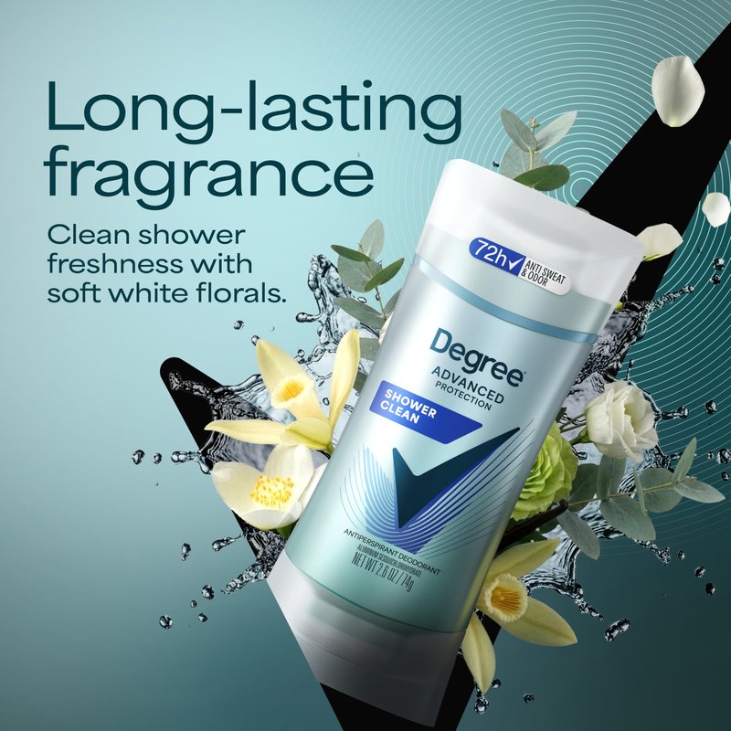 Degree Advanced Protection Antiperspirant Deodorant Shower Clean for 72-Hour Sweat & Odor Control for Women, with Body Heat Activated Technology, 2.6 oz