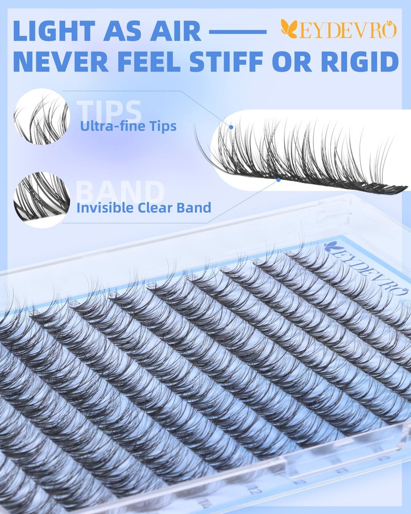 EYDEVRO Spider Lash Clusters Breeze Wispy Eyelash Clusters Slightly Fluffy Cluster Eyelash Extensions 10mm-12mm-14mm Clear Band DD Curl Cluster Lashes DIY Salon-quality Lash Extensions at Home