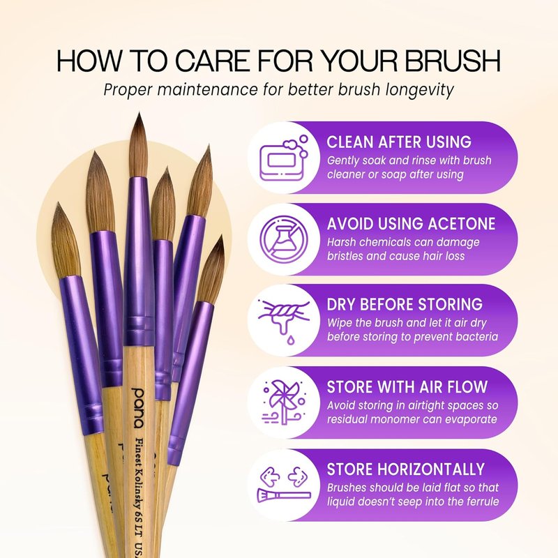 Pana Acrylic Nail Brush Pure Kolinsky Hair Beige Purple Wood Handle with Purple Ferrule Round Shaped Style (Size # 6)