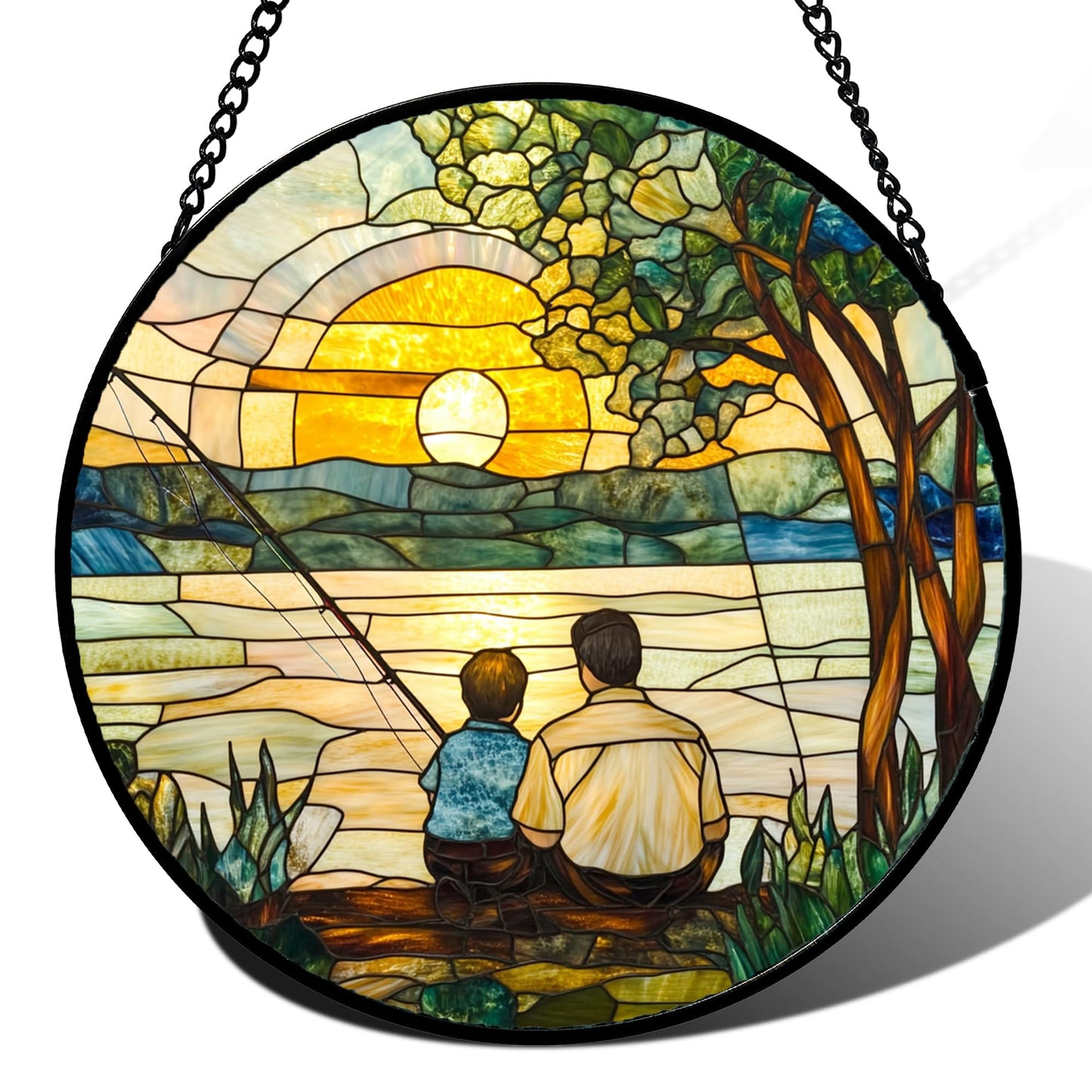 QZQCBLC Stained Glass Window Hanging Sunset View by The Lake 7.8" - Family Fishing Suncatcher Door Garden Sun Catcher Home Decor Birthday Christmas for Mom Men Woman Nana