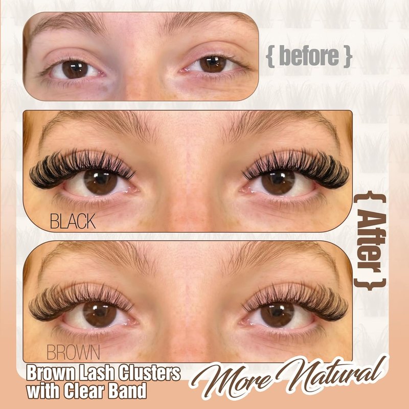 Skiennix Brown Lash Clusters - Natural Wispy Eyelash Extensions with Invisible Band | 8-16mm D Curl