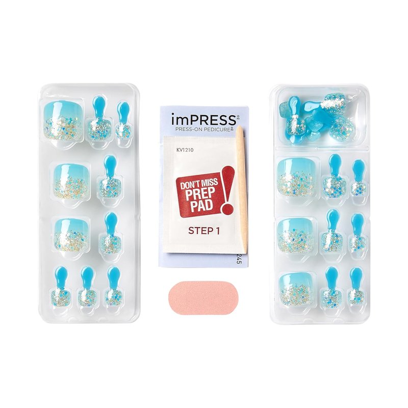 KISS imPRESS Press-On Nails - Last Flowers Design, Medium Blue, Short Squoval | 24 Nails & Accessories Included