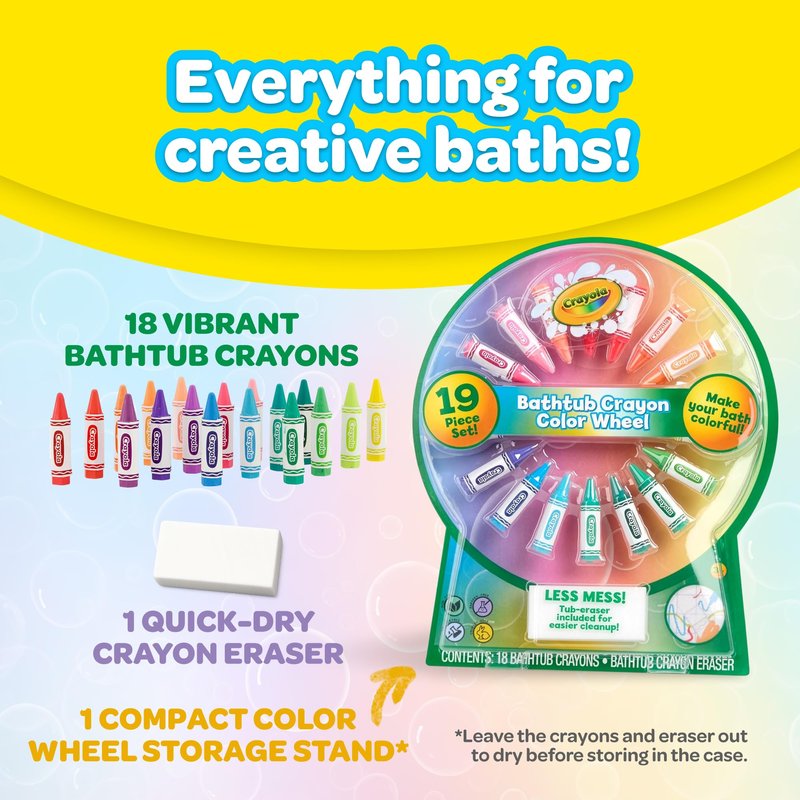 Crayola Bath Crayons Color Wheel, 19-Piece Set, Includes 18 Bathtub Crayons and 1 Eraser, Non-Toxic and Washable Bath Toys for Kids