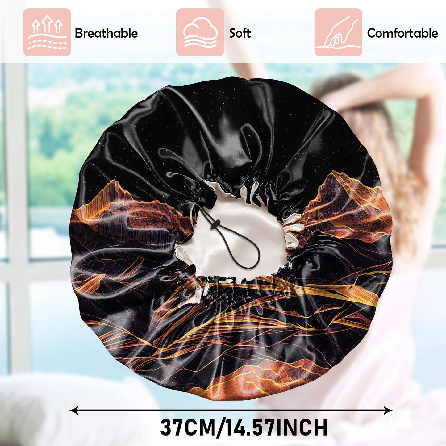 Cabreche Luxury Shower Cap Satin Silk Lined Adjustable Elastic Reusable Waterproof Shower Bath Cap Cute for Women Girls-Sunset