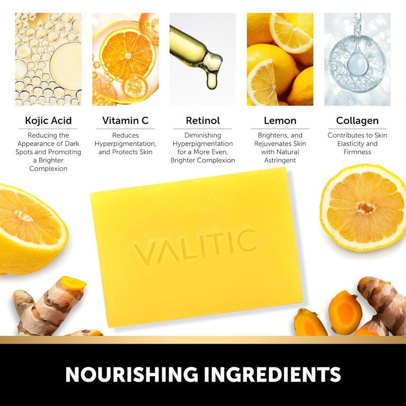 Brightening Lemon & Turmeric Kojic Acid Soap - Vitamin C, Retinol & Collagen | Dark Spot Corrector - 3 Pack with African Net