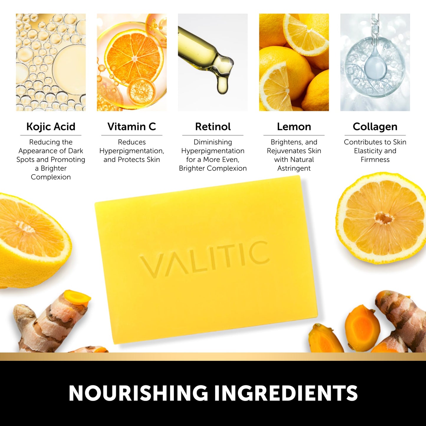 VALITIC Brightening Lemon & Turmeric Kojic Acid Soap with Vitamin C, Retinol, Collagen - Original Japanese Complex Infused with Hyaluronic Acid, Vitamin E, Shea Butter, Castile Olive Oil (4 Pack)
