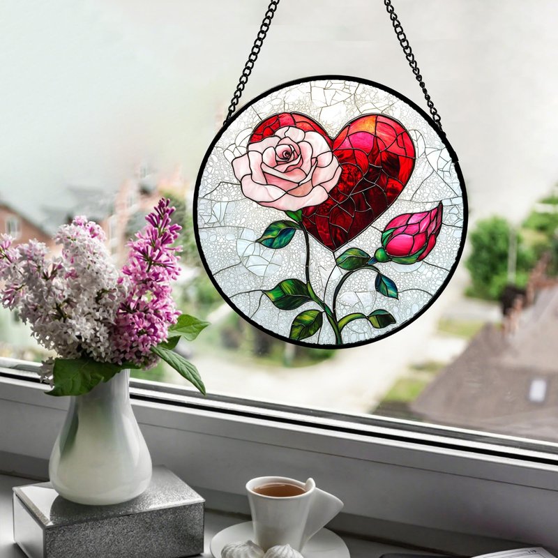 QZQCBLC Stained Glass Window Hanging Red Heart Pink Rose Flower 7.8" - Suncatcher Door Garden Sun Catcher Decor Birthday Anniversary Valentines Day Gifts for Woman Wife Men Her Him Lovers Mom