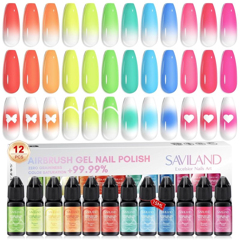 SAVILAND Airbrush Gel Nail Polish Hema-Free: Dilution-Free Colorful Airbrush Nail,12 Colors 15ml Non-Acetone for Nails French Manicure DIY Salon & Party & Bar Social Nail Art