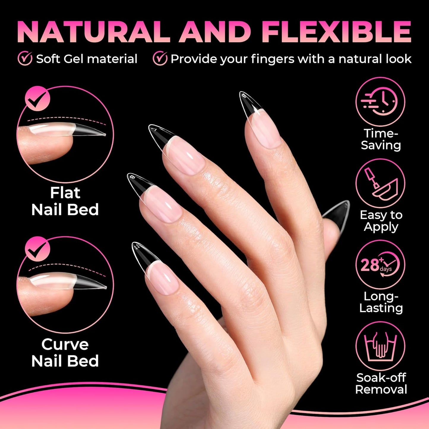 UNA GELLA Stiletto Gel Nail Tips - 510 Pcs Medium Almond Full Cover Clear Acrylic Nails | Sturdy Press-On for DIY & Salon Use