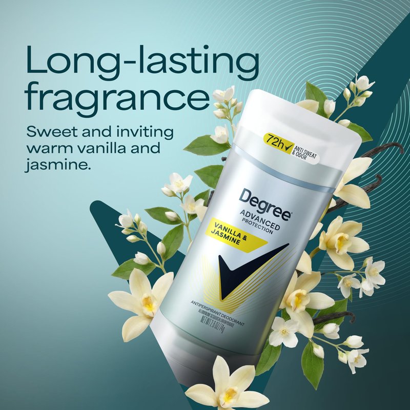 Degree Advanced Protection Antiperspirant Deodorant Vanilla & Jasmine for 72-Hour Sweat & Odor Control for Women, with Body Heat Activated Technology, 2.6 oz