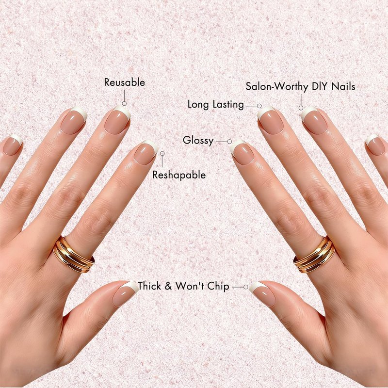 KXAMELIE Press On Nails Short Medium - Square French Tip Press On Nails with Glue, Natural Nude Fake Nails in 15 Sizes - 30 Soft Gel Glue on Nails Kit for Women, Supremely Fit, Elegant White French