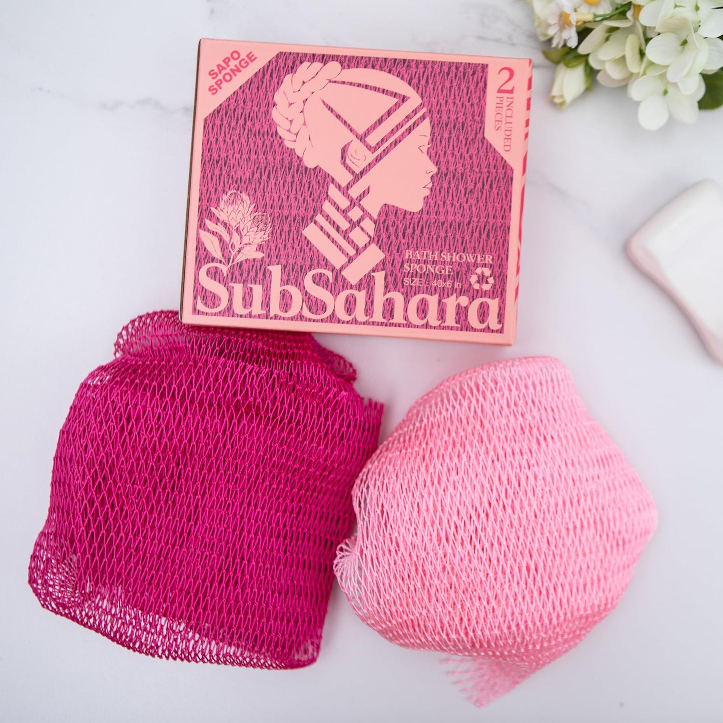 SubSahara Authentic African Net Sponge - 2 Pack Exfoliating Bath & Shower Loofah Sponge for Body & Face, Gentle Scrubber for All Skin Types, Travel, Durable (Dark Pink & Light Pink)