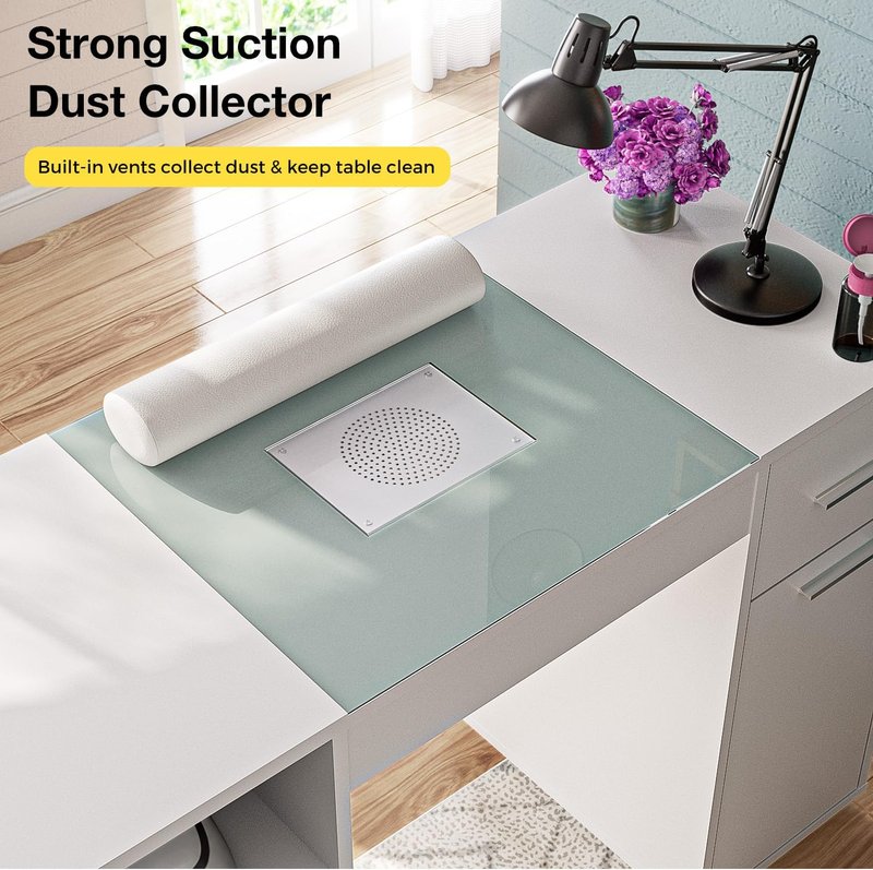 Manicure Table - Nail Desk with Glass Top & Dust Collector | Beauty Salon Workstation in White