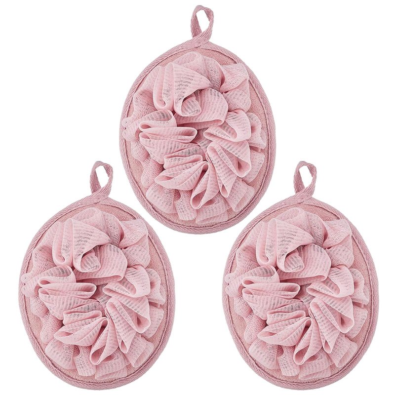 Boao 3 Pcs Bath Shower Pouf Sponge Mesh Pouf Shower Ball Exfoliating Body Sponge Pad Scrubber Glove with Flower Bath Ball (Pink)