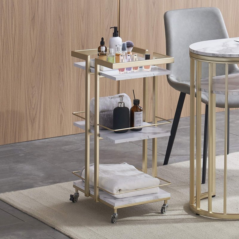 BarberPub Utility Salon Trolley, Metal Storage Rolling Barber Trolley with Wheels, Golden Esthetician Cart, Multi-Purpose 3-Tier Mobile Facial Trolley, Nail Cart 2033 (White)