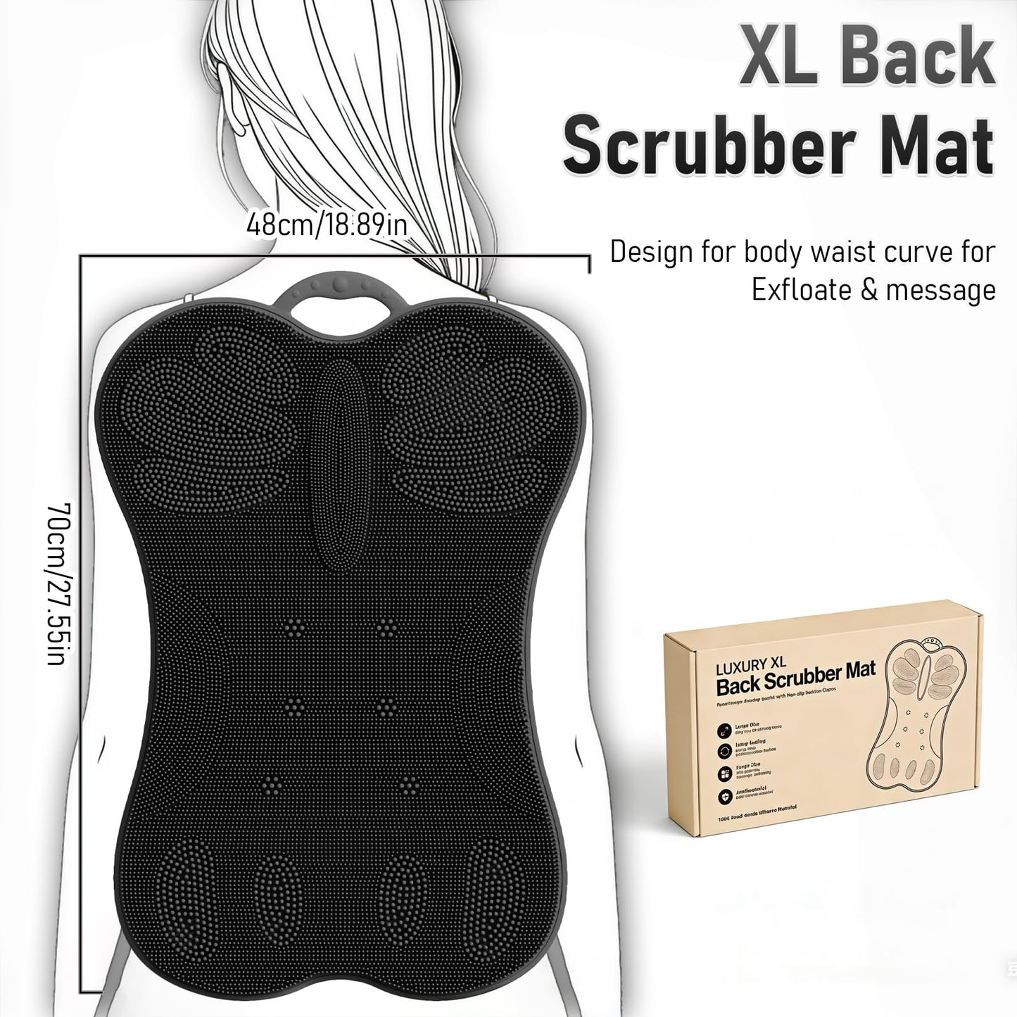 Back Scrubber for Shower Wall Mounted Men Exfoliating Scratcher Mat Extra Large Silicone Hands Free Body Brush, 3D Ergonomic Back Support Message Lower Pain Relief with Anti-slip Suction Cups Black