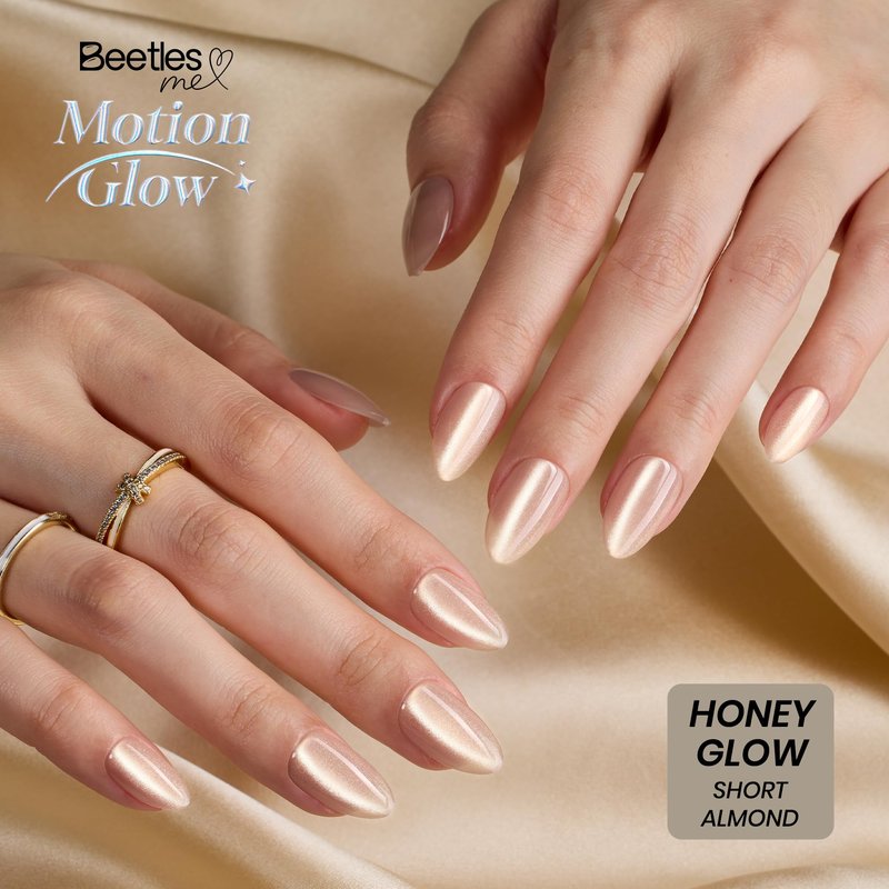 Beetles Cat Eye Press On Nails - Glossy Short Almond Press On Nails Motion Glow Kit, 32pcs 16 Sizes, Girls Stick On Nails with Adhesive Tabs & Fast-Dry Nail Glue, Salon-Ready Gift for Women Honey Glow
