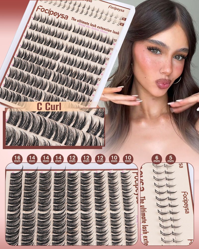 Focipeysa Wispy Lash Clusters Natural Eyelash Clusters Pestañas Postizas Naturales Spiky Manga Lash Extensions C Curly Individual Lashes 10-16mm with Bottom Lashes Clusters DIY Lash at Home