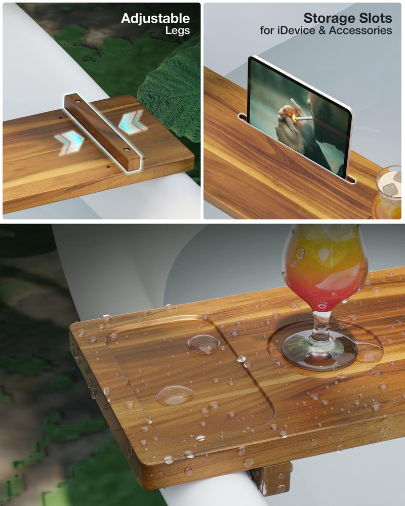 LotusSway Bathtub Tray, Acacia Bath Tray for Tub, 34.6''x9'' Wooden Bathtub Caddy Tray with Adjustable Legs Fit Various Bathtubs, Anti-Tipping, Sustainable Bath Table with Wine Glass and Tablet Holder