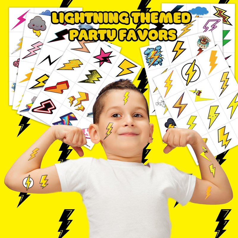 96PCS Lightning Bolt Temporary Tattoos for Kids, Pre-Cut Funny Weather Tattoo Stickers, Tornado Storm Theme Birthday Party Favors, Goodie Bag Stuffers, Cute Waterproof Body Art for Boys Girls